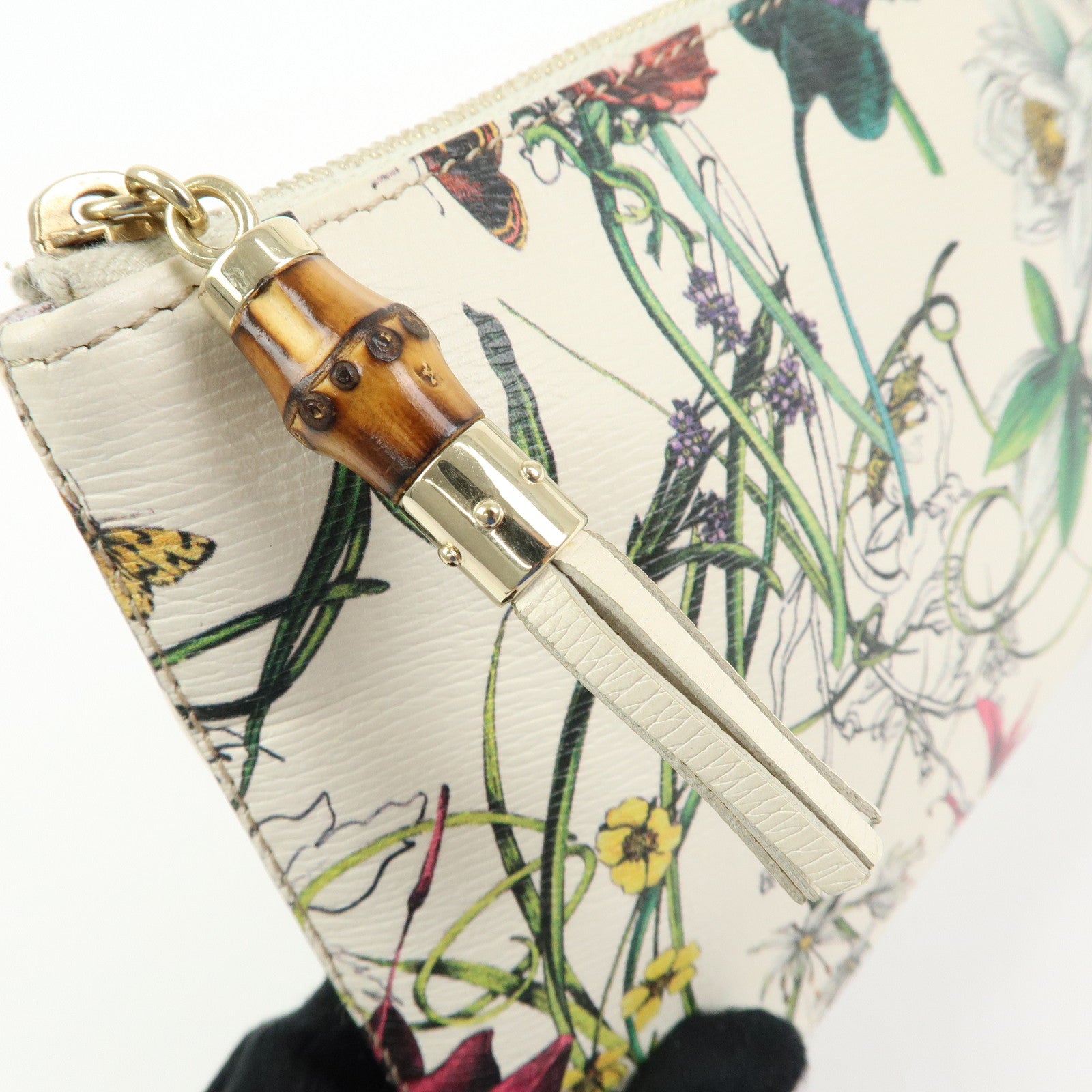 GUCCI Flora Bamboo Leather Cosmetic Accessory Pouch Ivory 338815