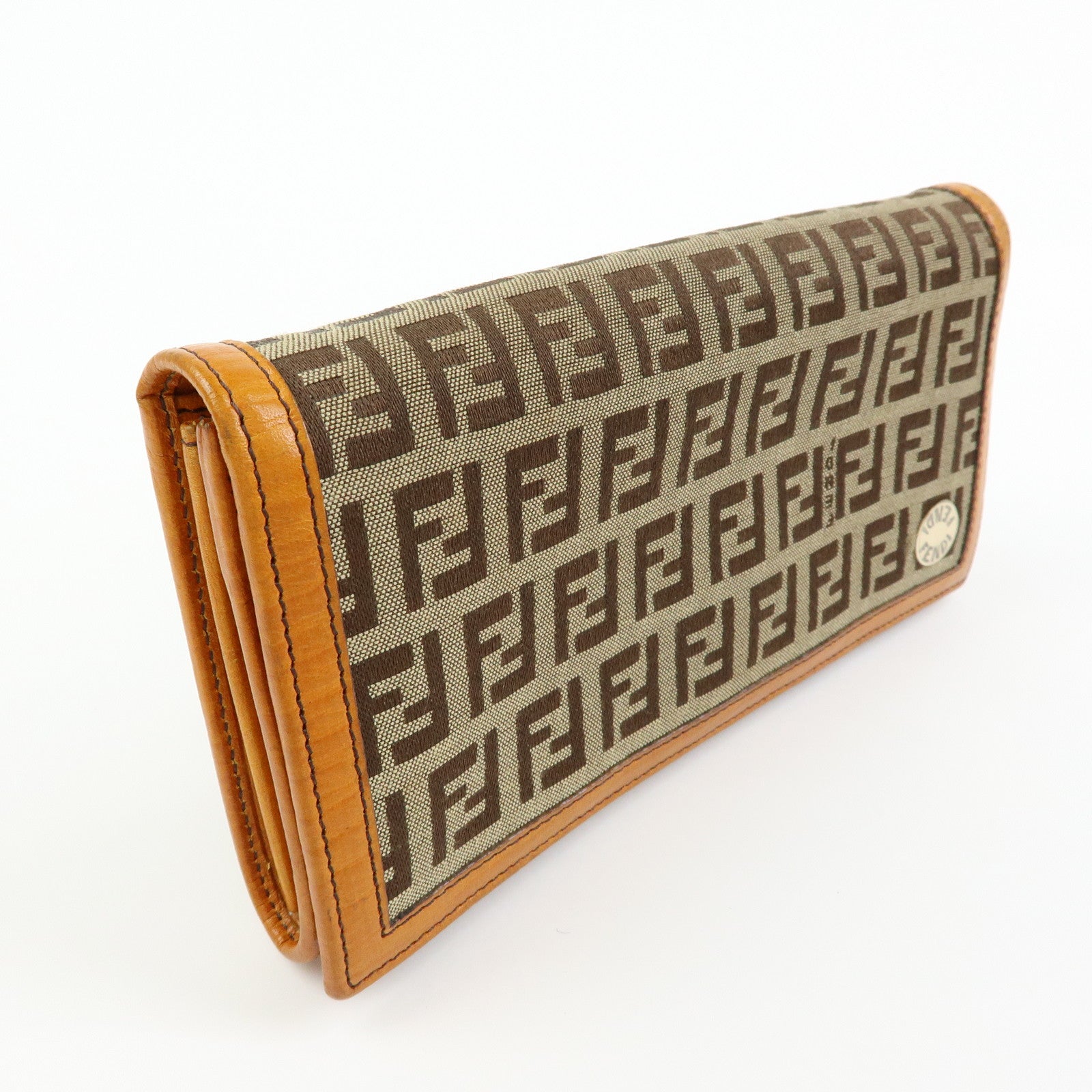 FENDI Zucchino Jacquard Canvas Leather Bi-fold Long Wallet Beige 8M0000