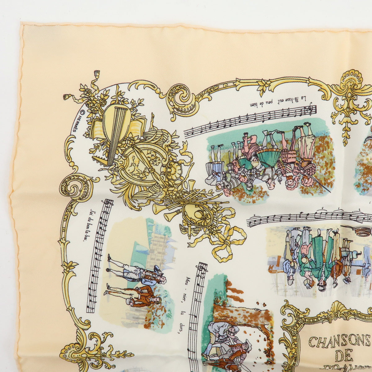 HERMES Carre 45 Silk 100% Scarf CHANSONS DE FRANCE Beige Multicolor
