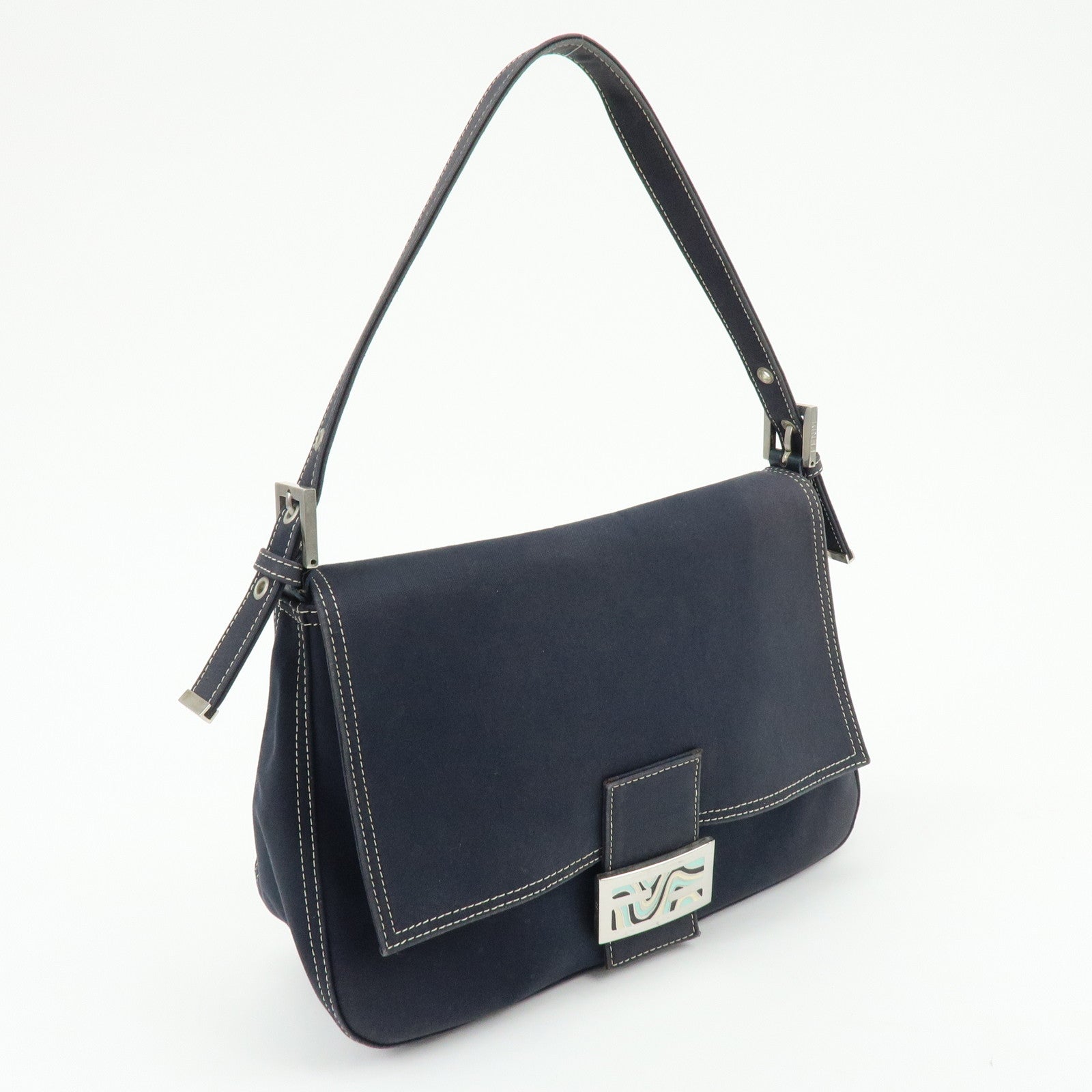 FENDI Mamma Baguette Canvas Shoulder Bag Marble Motif Navy 8BR001
