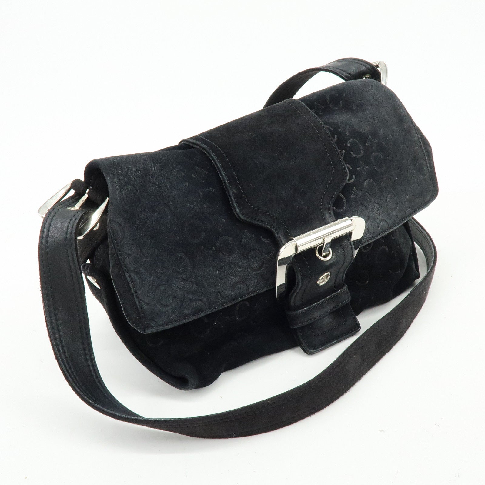 CELINE C Macadam Suede Leather Shoulder Crossbody Bag Black