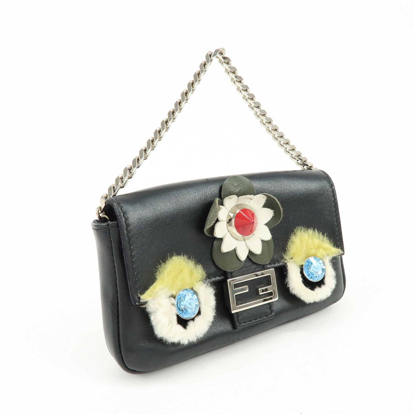 FENDI Monster Micro Baguette Leather Shoulder Bag Rhinestone 8M0354