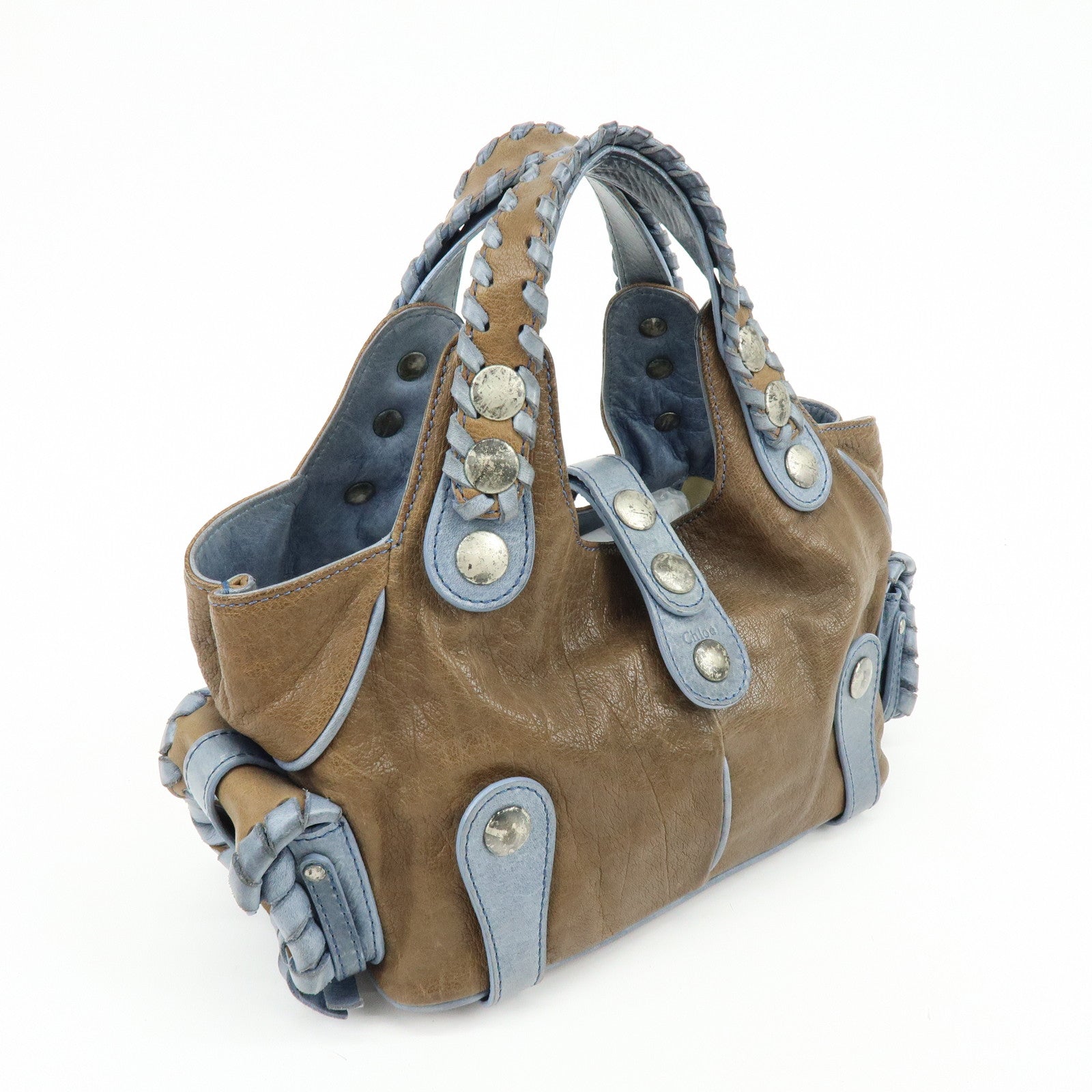 Chloe Silverado Leather Hand Bag Tote Bag Blaided Studs Brown Blue