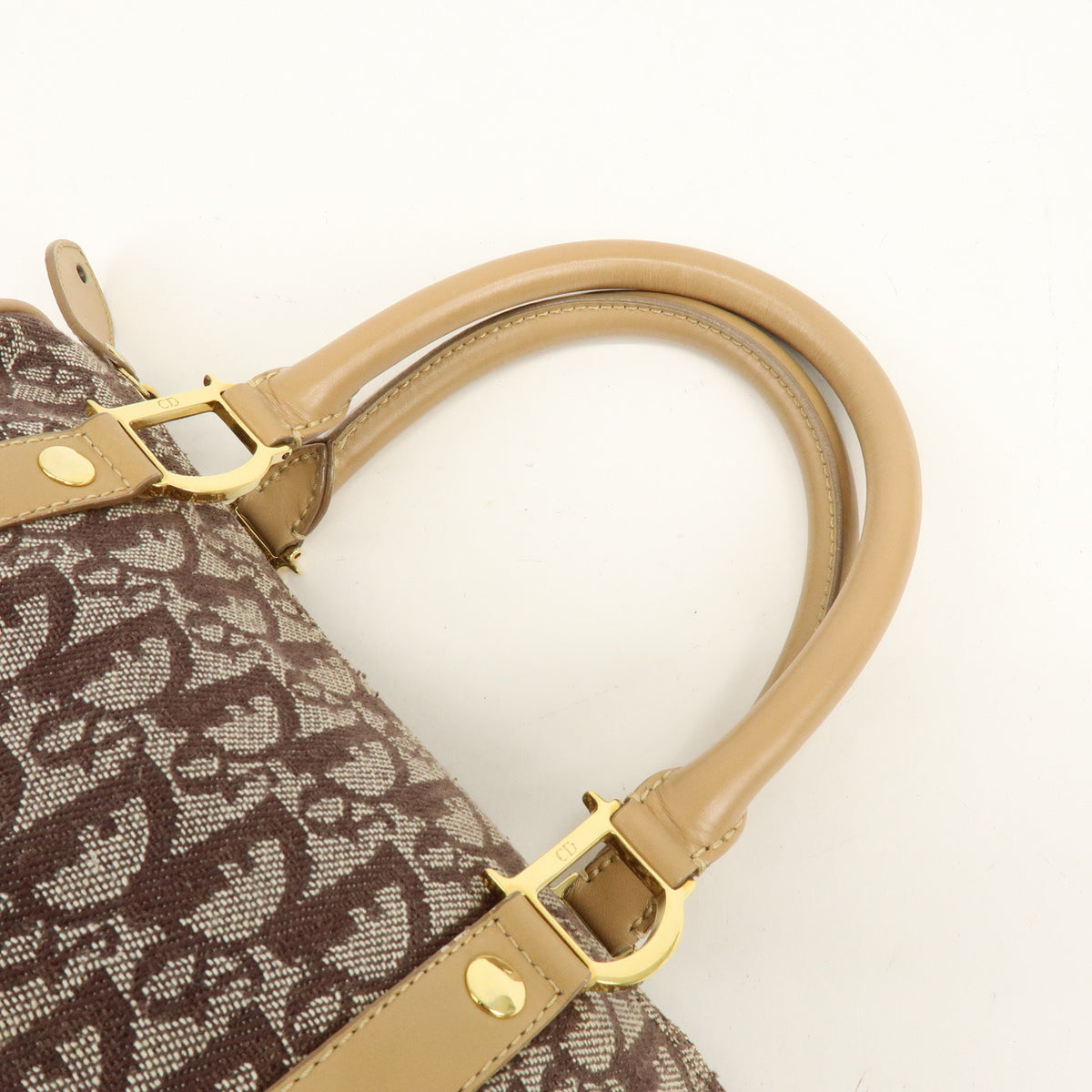 Christian Dior Trotter Jacquard Canvas Leather Boston Bag Brown Beige