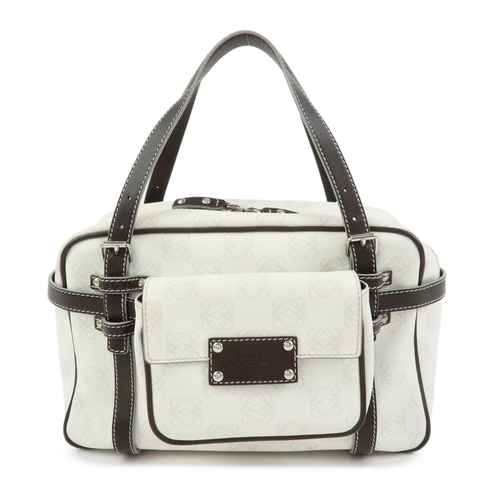 LOEWE Anagram PVC Leather Hand Bag Boston Bag White Dark Brown