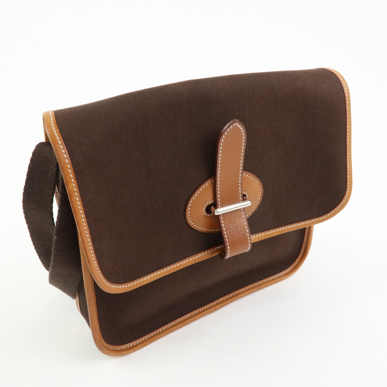 HERMES Buenaventura PM Toile Officier Leather Shoulder Bag Dark Brown