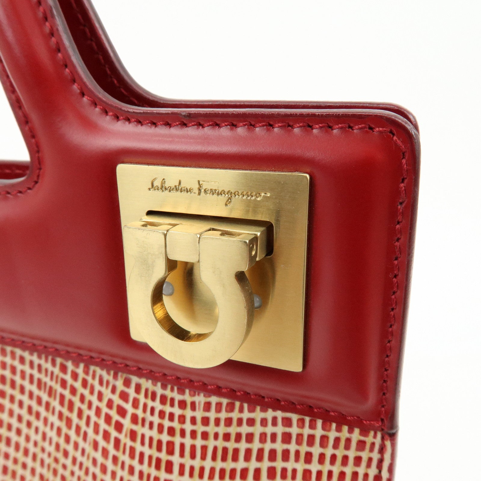 Ferragamo Gancini Leather 2Way Bag Hand Bag Shoulder Bag Red