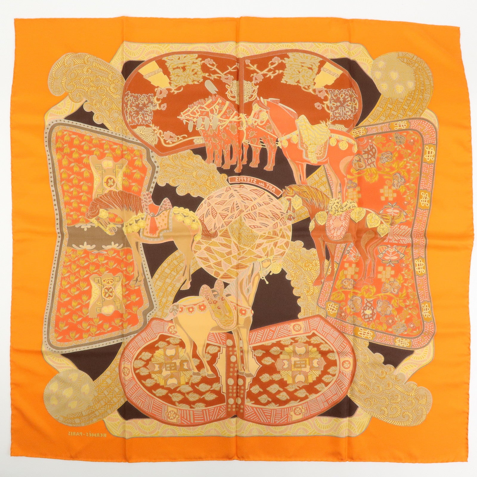 HERMES Carre 90 Silk 100% Scarf ART des STEPPES Horse Print Orange