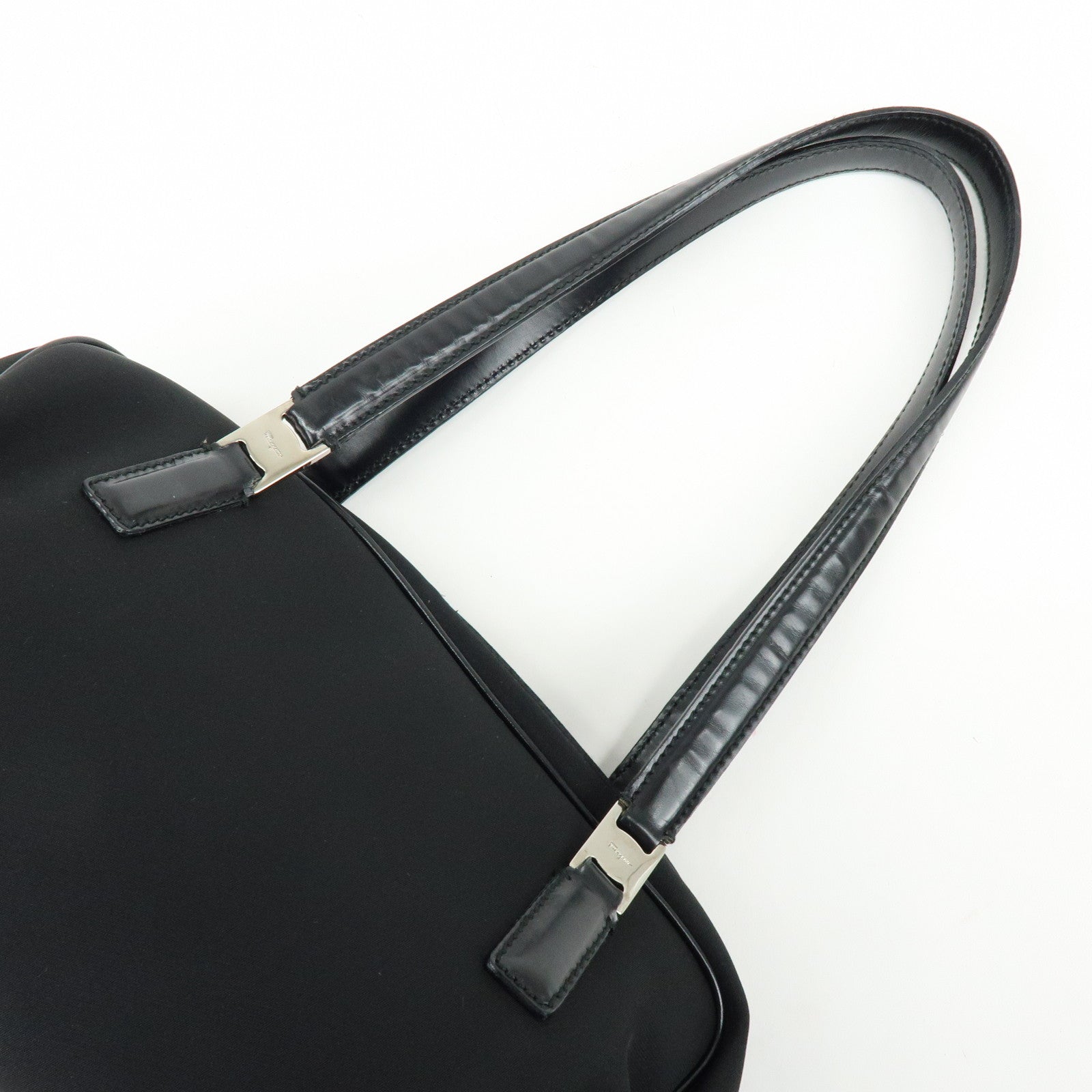 Ferragamo Nylon Leather Hand Bag Mini Boston Bag Black