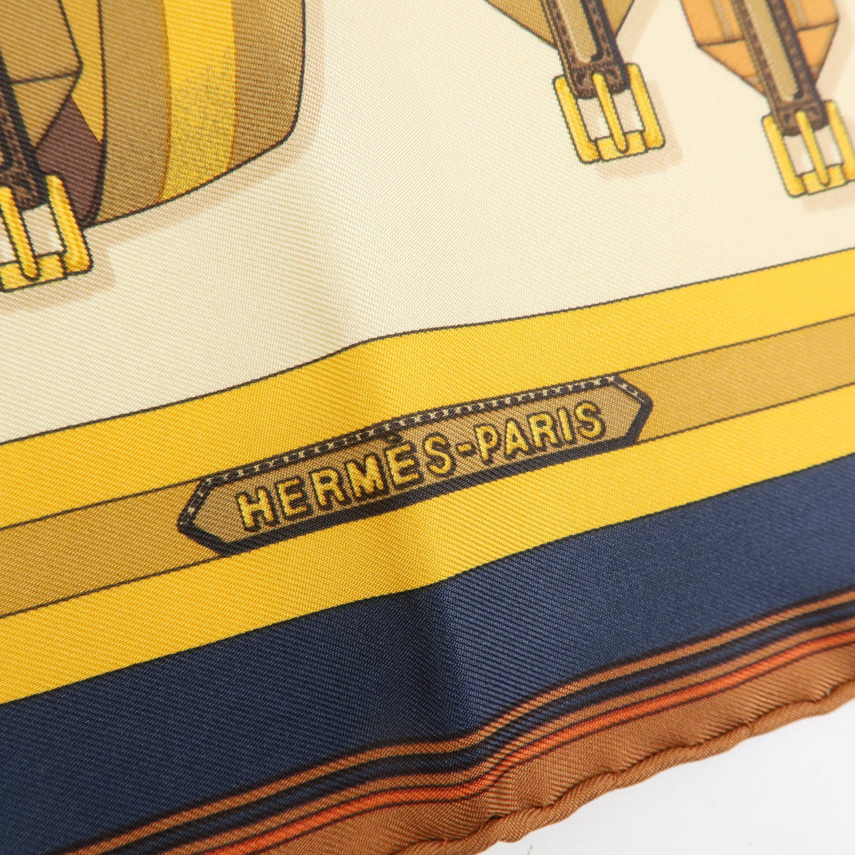 HERMES Carre 42 Silk 100% Scarf LES SANGLES Orange Brown Yellow