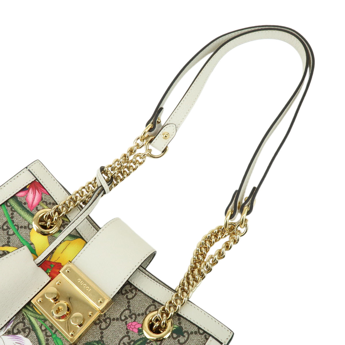 GUCCI Padlock Flora GG Small GG Supreme Chain Shoulder Bag White 498156