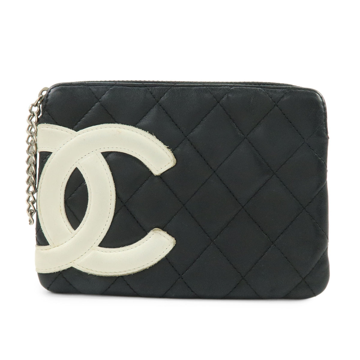 CHANEL Cambon Line COCO Mark Calf Skin Cosmetic Pouch Black White