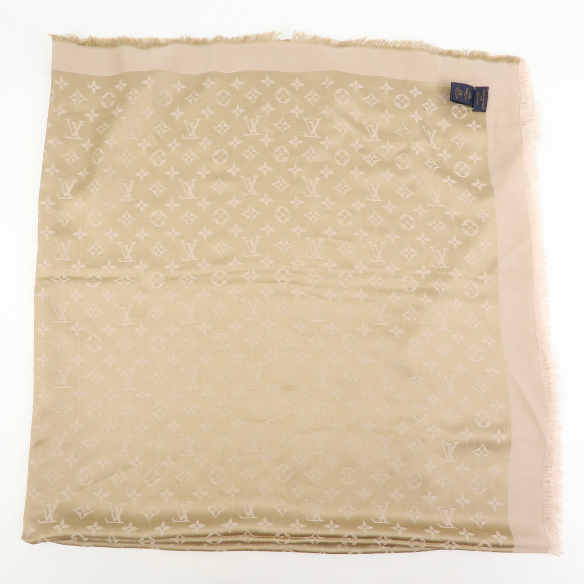 Louis Vuitton Monogram Shine Silk Wool Scarf Shawl Fringe Greige M75121
