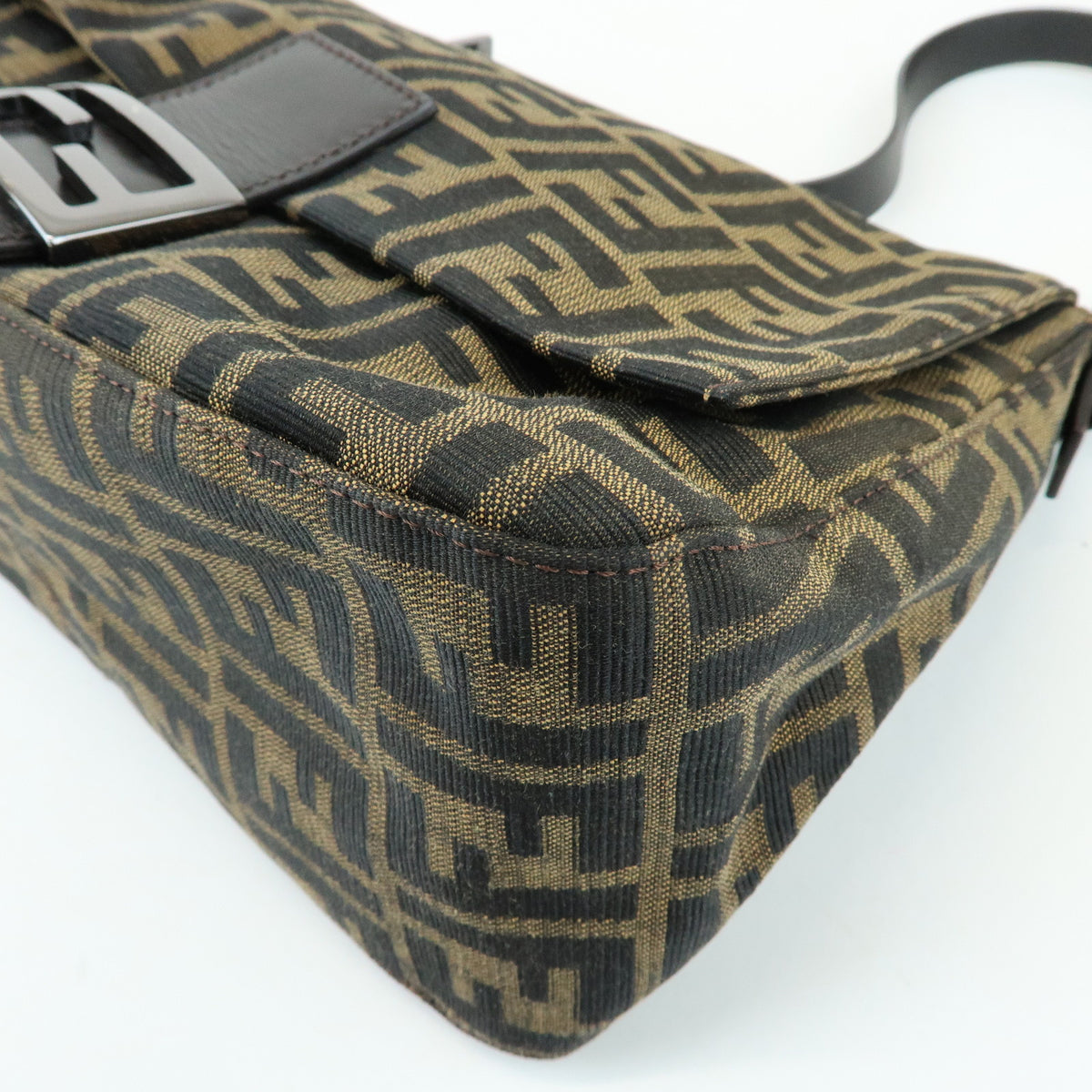 FENDI Mamma Baguette Zucca Canvas Leather Shoulder Bag Brown 8BR001