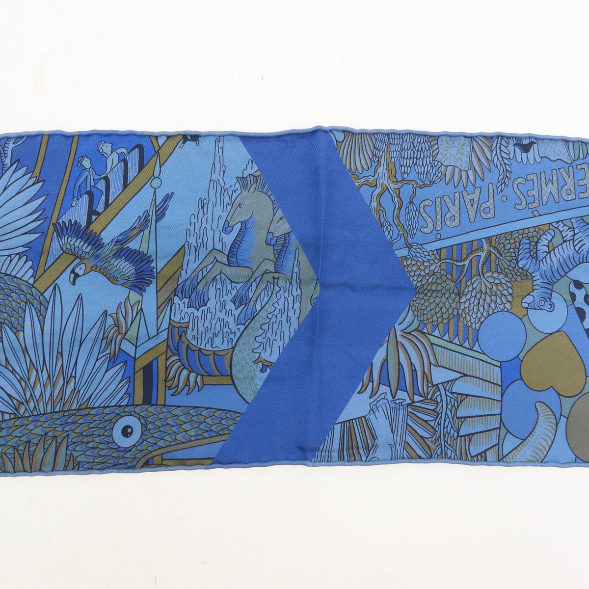 HERMES Maxi Twilly Silk 100% Scarf ANIMAPOLIS Blue Beige Black