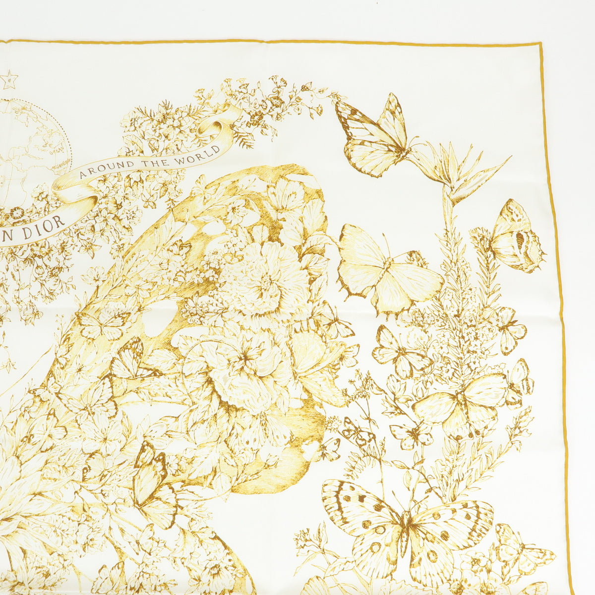 Christian Dior Silk 100% Gold Butterfly Pattern Scarf White Gold