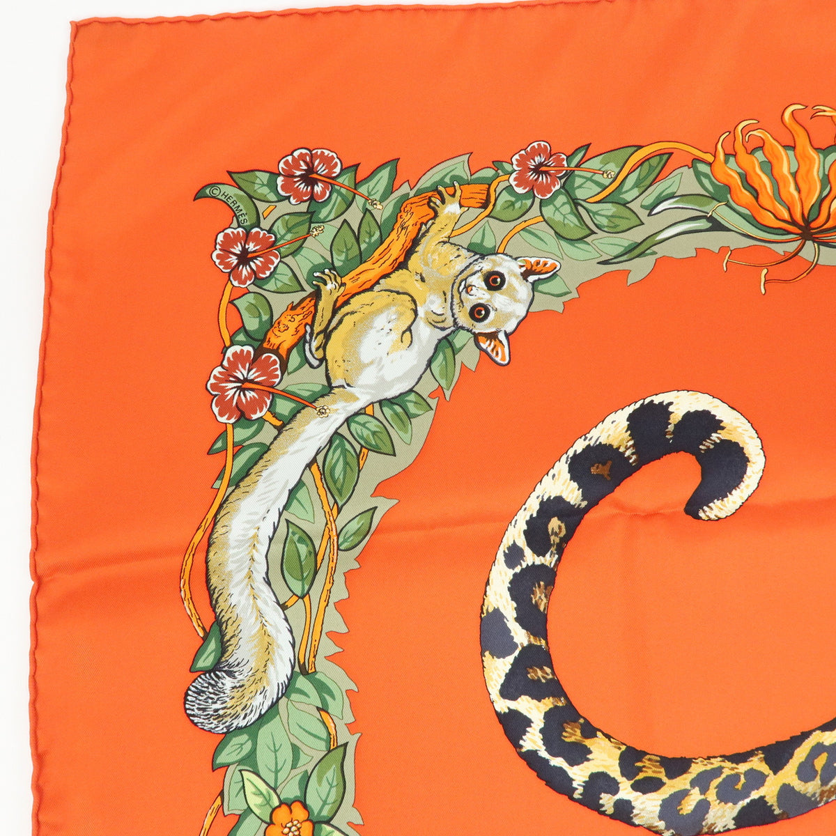 HERMES Carre 90 Silk 100% Scarf JUNGLE LOVE Red Green Ivory