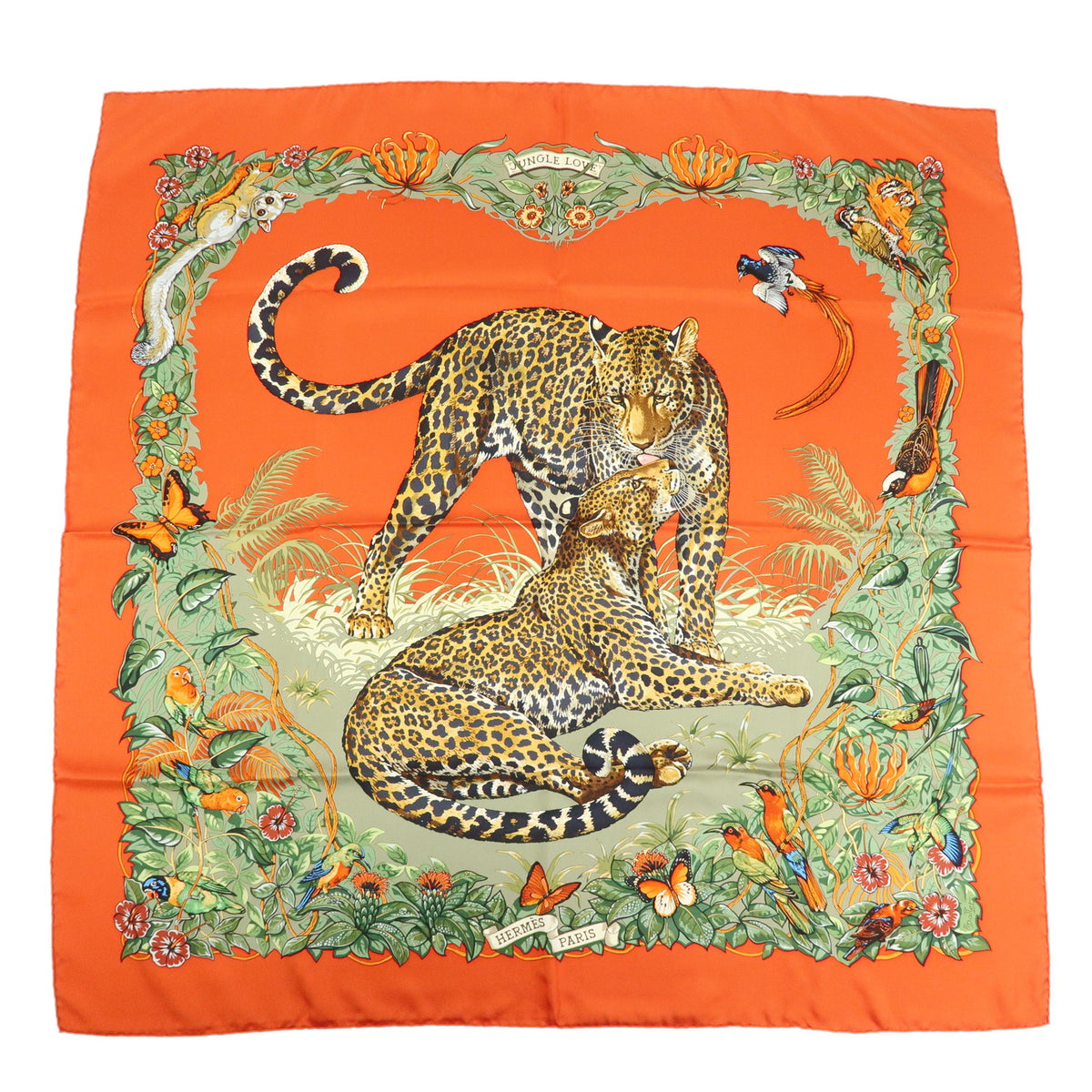HERMES Carre 90 Silk 100% Scarf JUNGLE LOVE Red Green Ivory