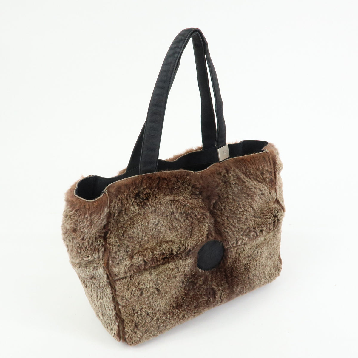 CHANEL COCO Mark Lapin Suede Fur Hand Bag Tote Bag Brown
