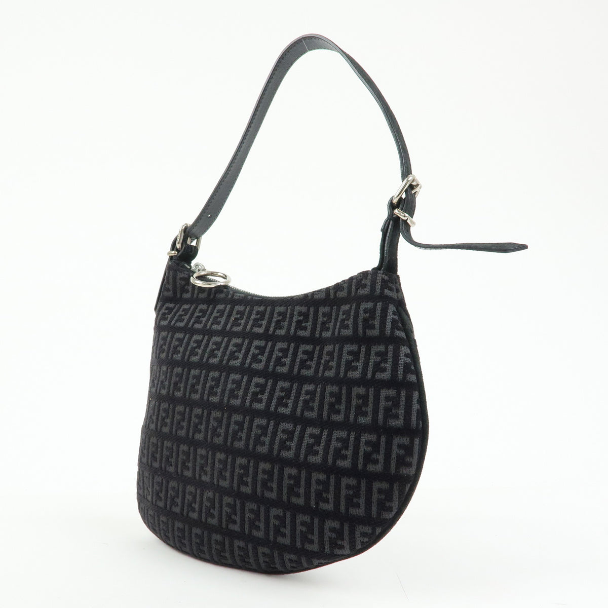 FENDI Zucchino Canvas Leather Shoulder Bag Hand Bag Black 8BR248
