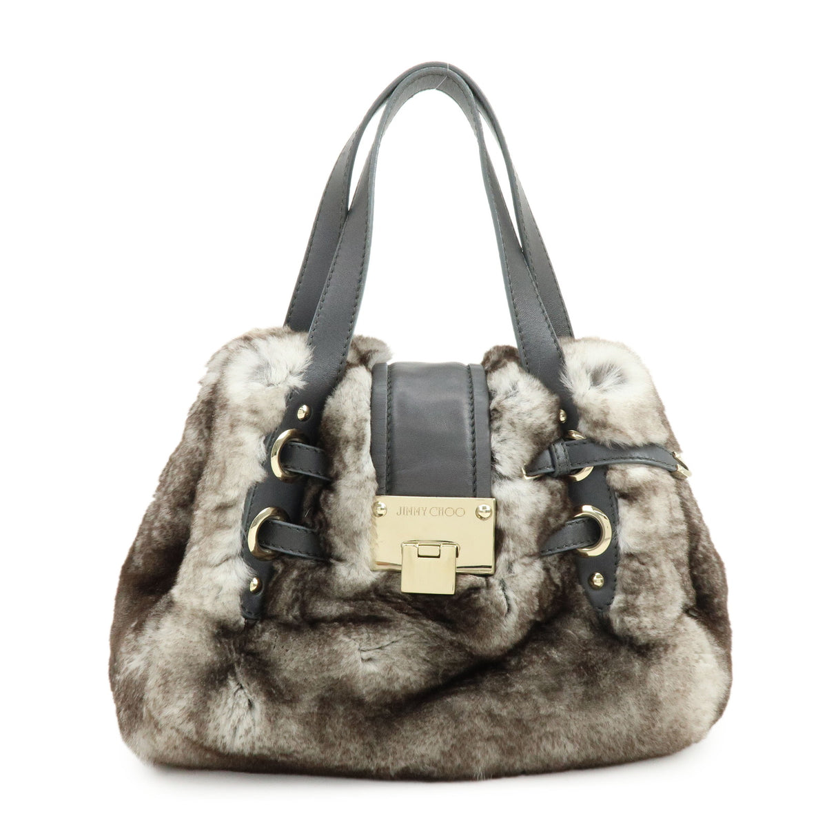 JIMMY CHOO Lapin Rabbit Fur Leather Hand Bag Tote Bag Brown Gray