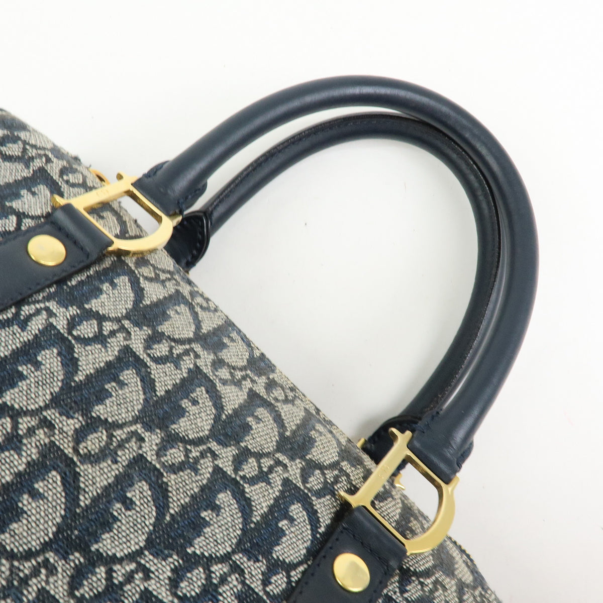 Christian Dior Trotter Jacquard Canvas Leather Boston Bag Hand Bag Navy