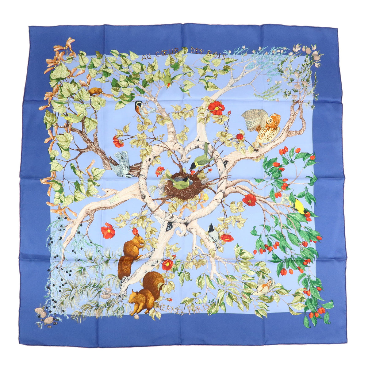 HERMES Silk 100% Scarf AU COEUR DES BOIS Blue