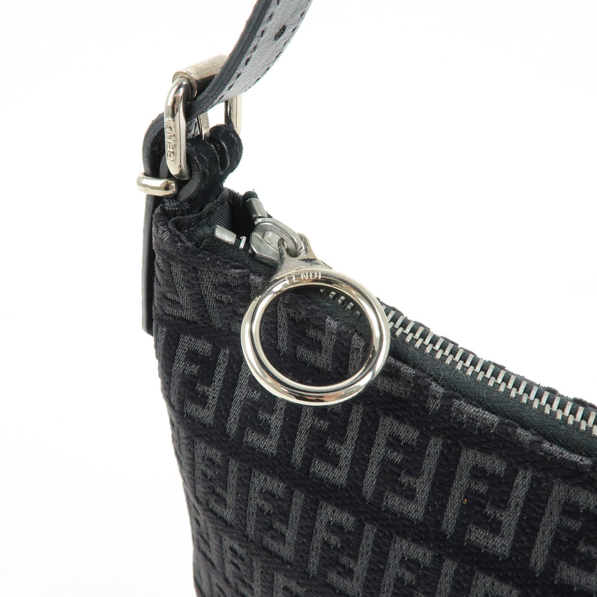FENDI Zucchino Canvas Leather Shoulder Bag Hand Bag Black 8BR248