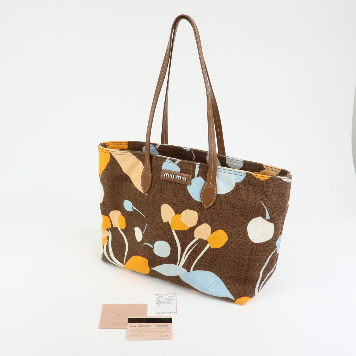 MIU MIU Logo Canvas Leather Tote Shoulder Bag Flower Brown 5BG126