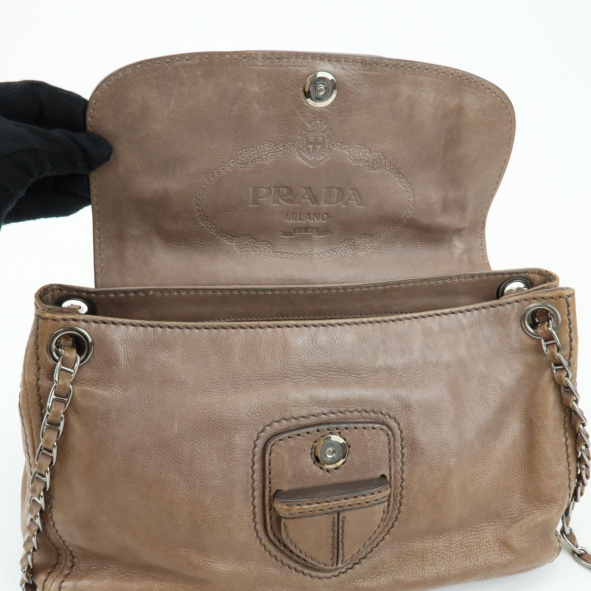 PRADA Front Flap Leather Chain Shoulder Bag Hand Bag Brown B4659C