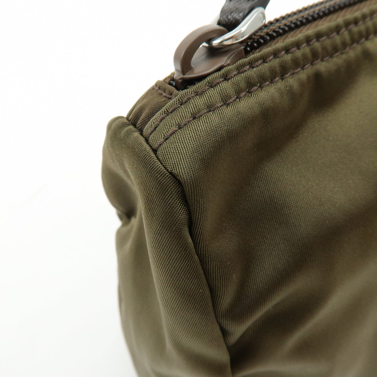 PRADA Triangle Logo Nylon Cosmetic Pouch Makeup Case Khaki Brown 1NA012
