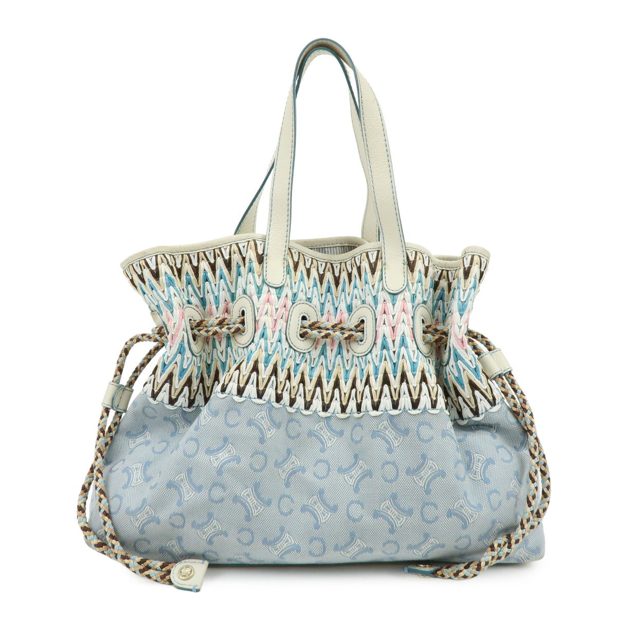 CELINE Macadam Canvas Leather Raffia Hand Bag Light Blue White