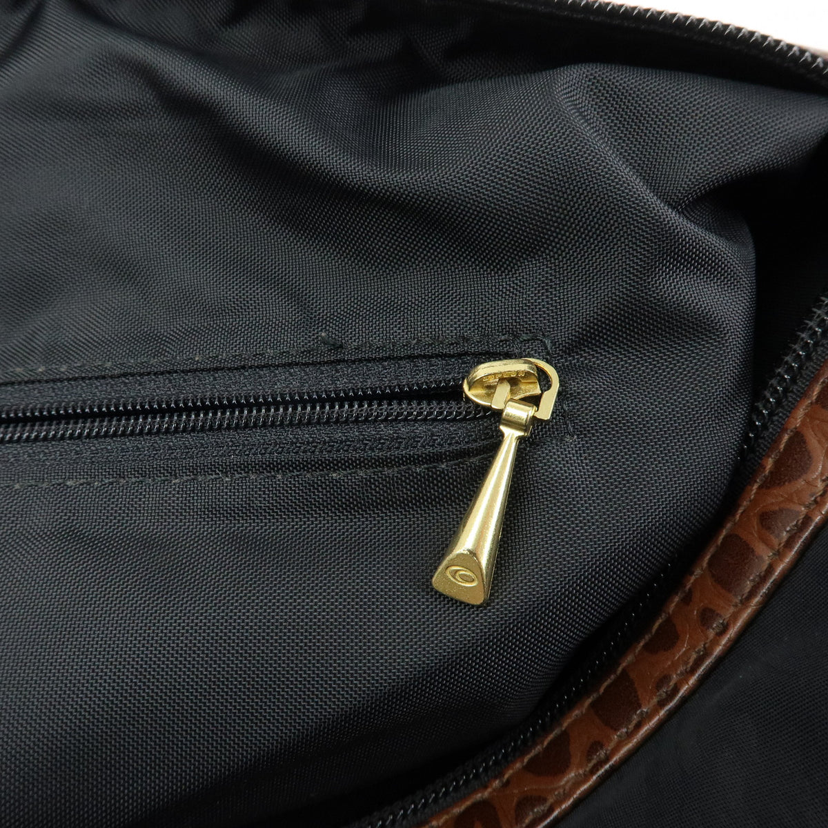 BALENCIAGA Nylon Embossed Leather Boston Bag Black Brown