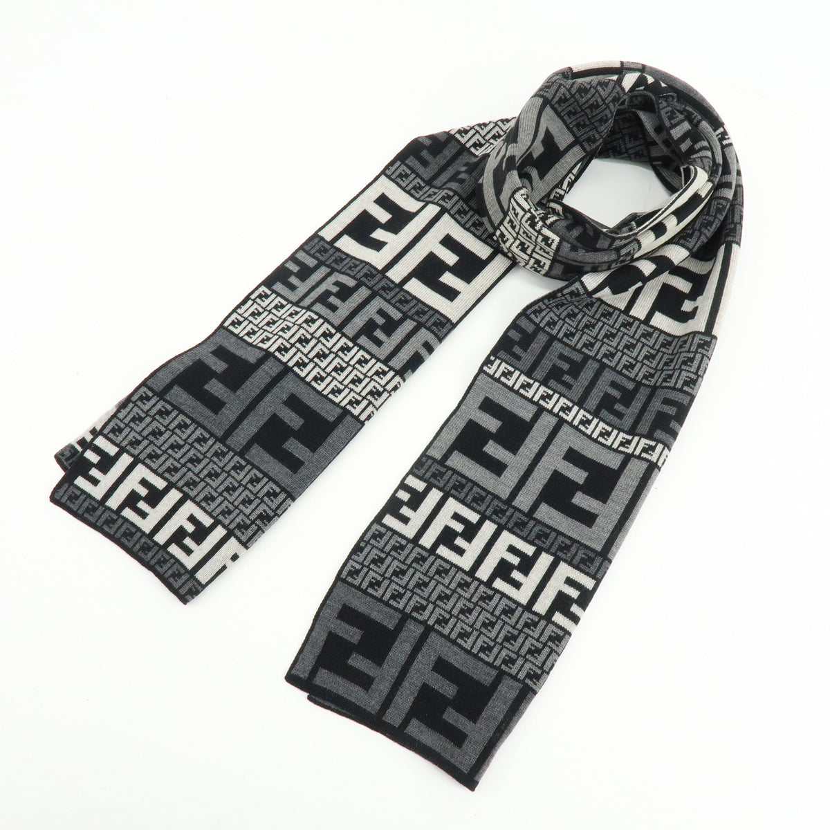 FENDI Zucca Zucchino Wool 100% Scarf Shawl Gray Black Ivory