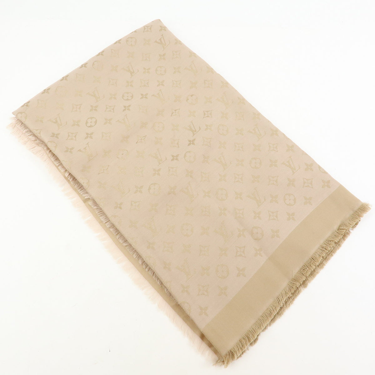 Louis Vuitton Monogram Shine Silk Wool Scarf Shawl Fringe Greige M75121