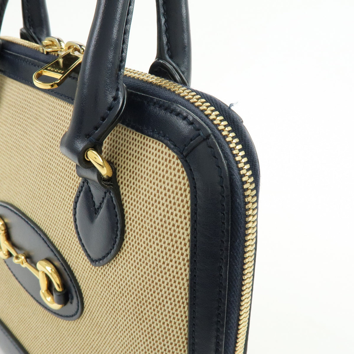 GUCCI Horsebit 1955 Small Top Handle 2Way Hand Bag Beige Navy 621220