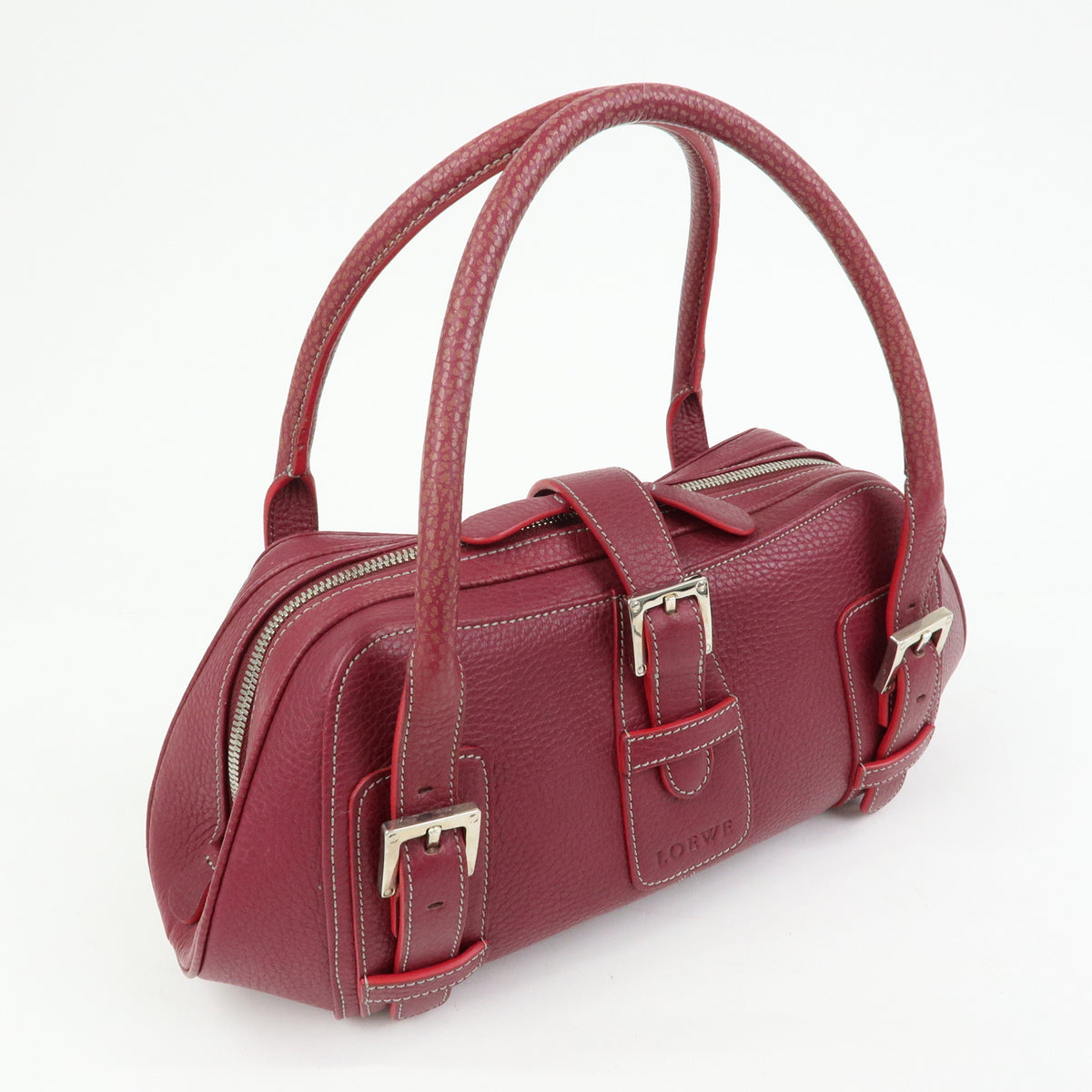 LOEWE Senda Leather Boston Bag Hand Bag Buckle Design Bordeaux