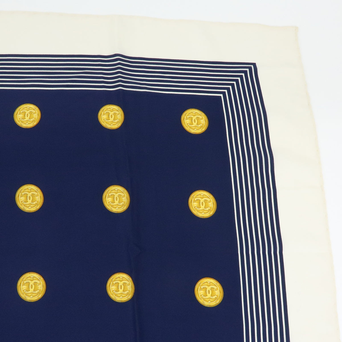 CHANEL COCO Mark Silk 100% Scarf Coin Strip Navy White Yellow