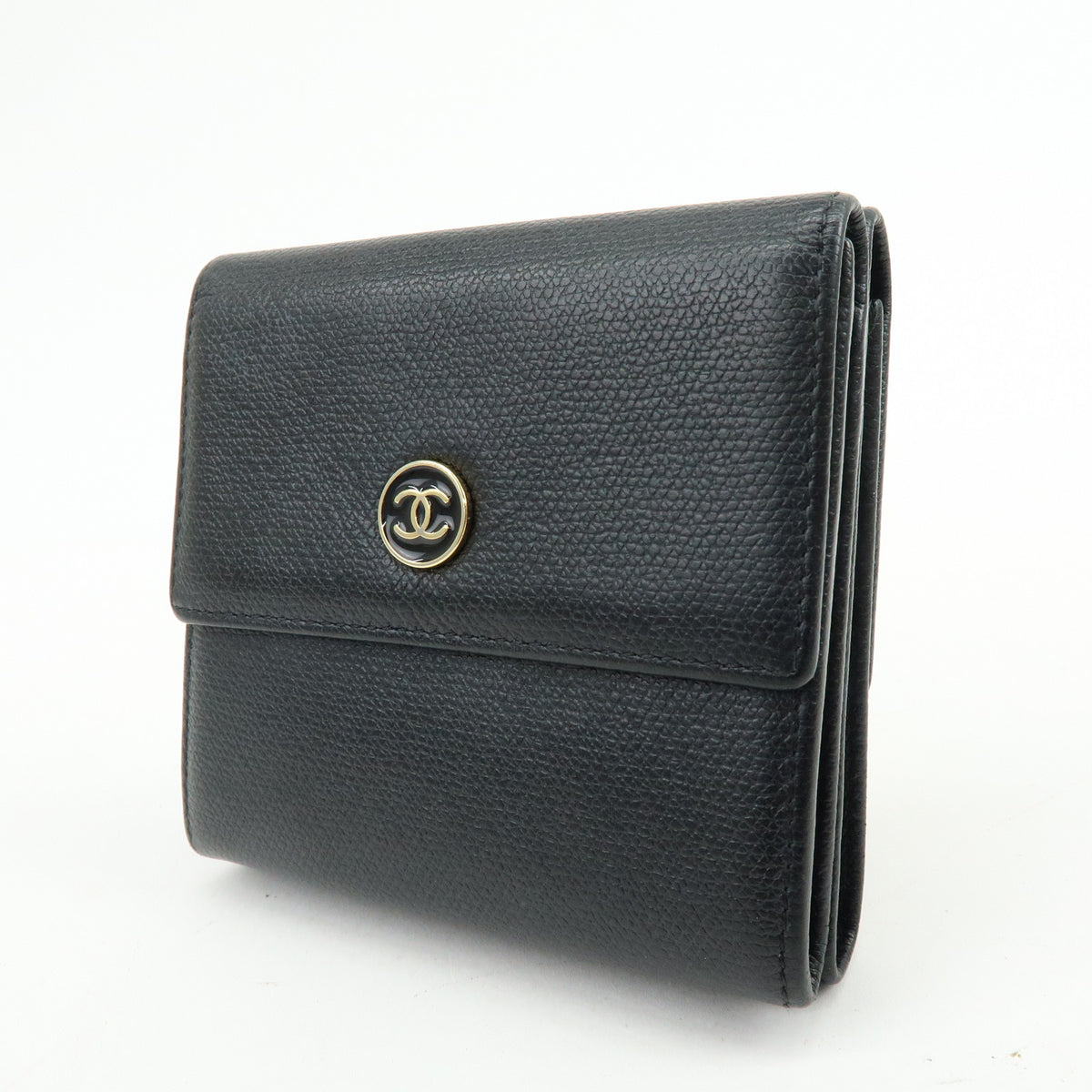 CHANEL COCO Button Calf Skin W Hook Compact Wallet Black A20902