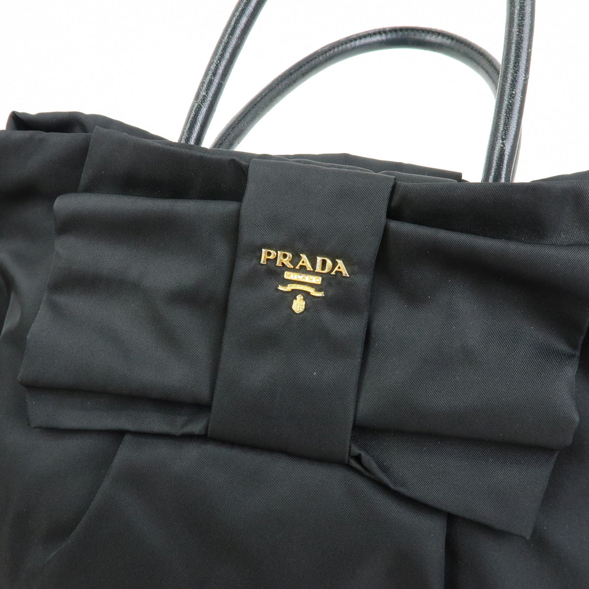 PRADA Nylon Leather Ribbon Hand Bag Tote Bag Black BN1601
