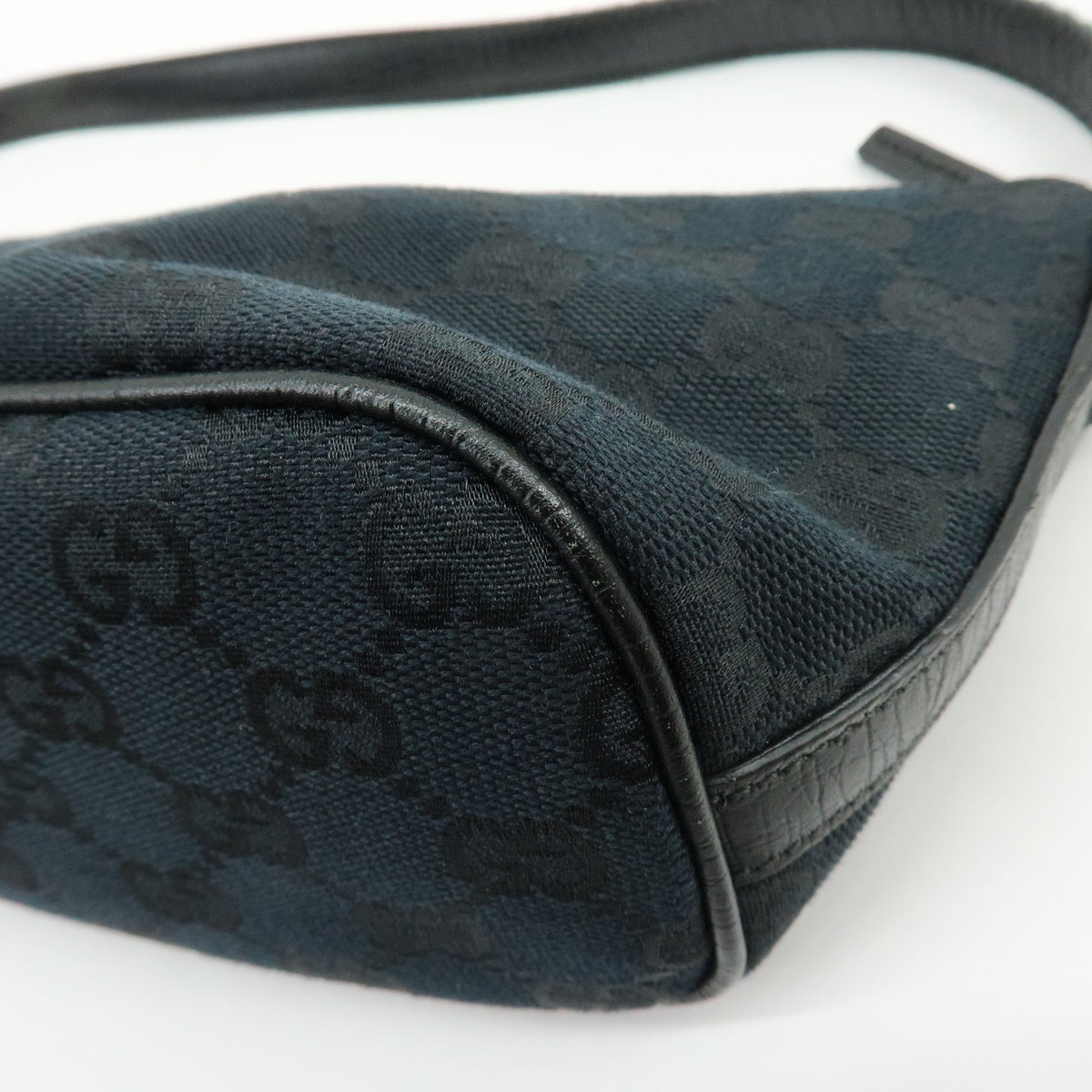 GUCCI Boat Bag Sherry GG Canvas Leather Hand Bag Pouch Black 141809