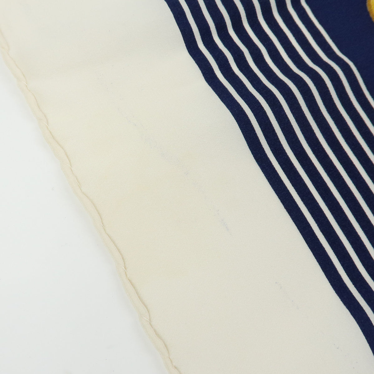 CHANEL COCO Mark Silk 100% Scarf Coin Strip Navy White Yellow