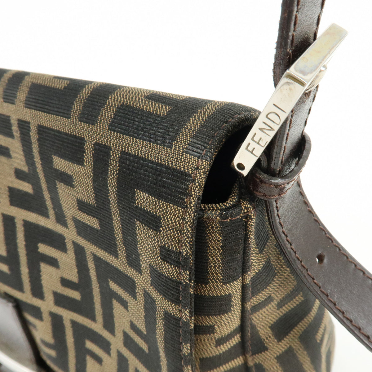 FENDI Mamma Baguette Zucca Canvas Leather Hand Bag Brown 26325
