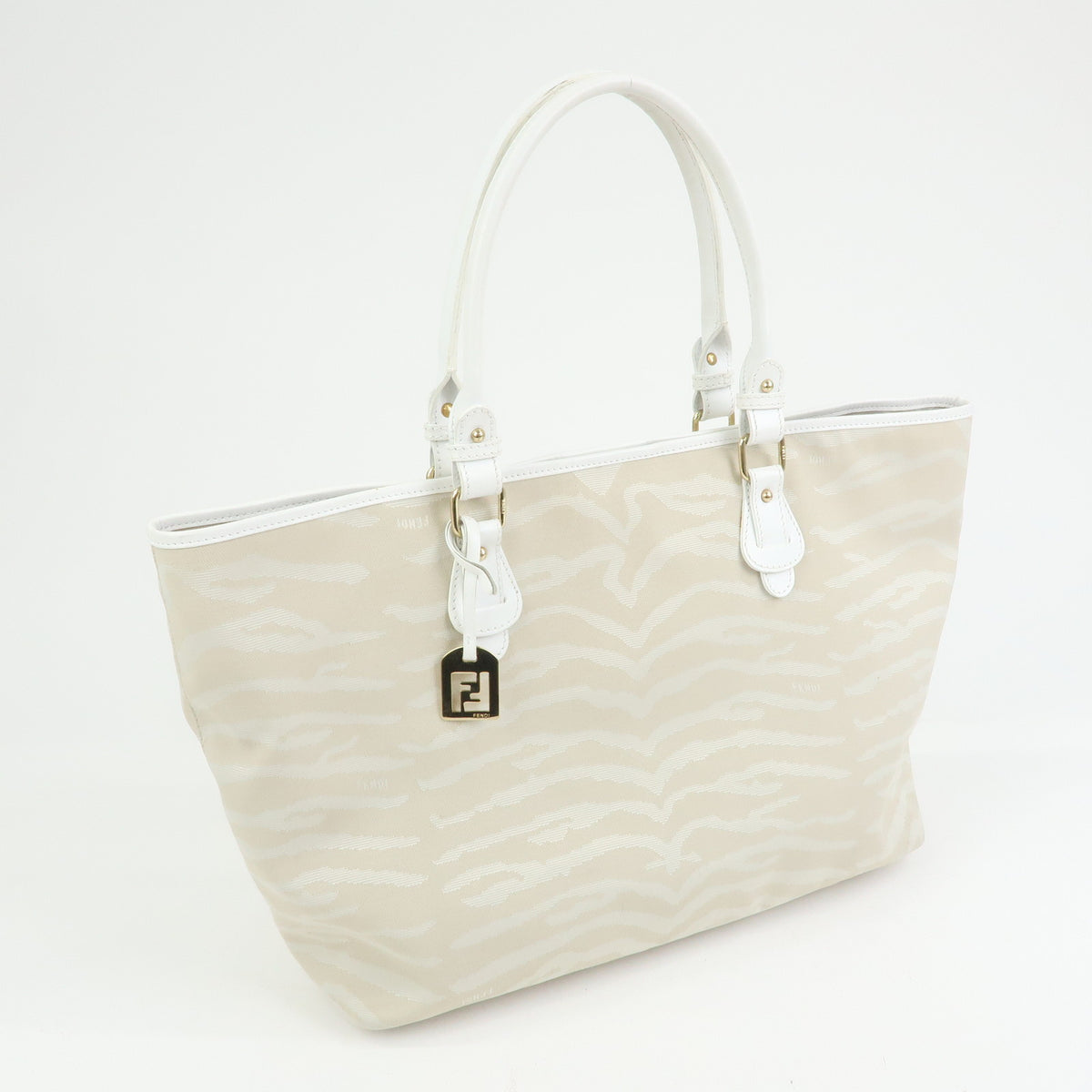 FENDI Canvas Leather Zebra Pattern Tote Bag Hand Bag Beige White 8BH115