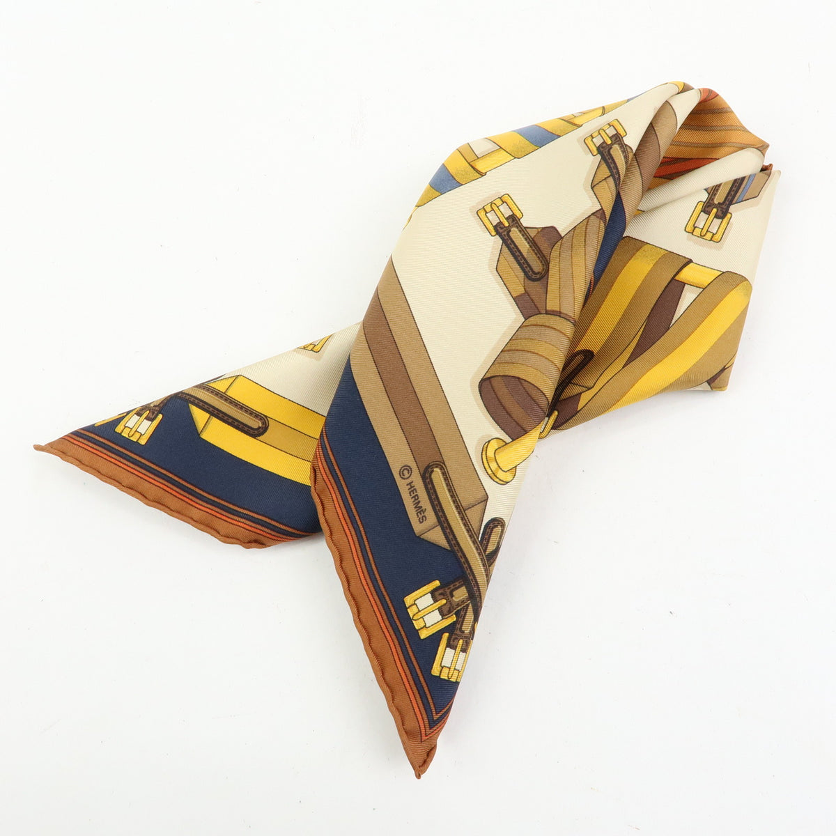 HERMES Carre 42 Silk 100% Scarf LES SANGLES Orange Brown Yellow