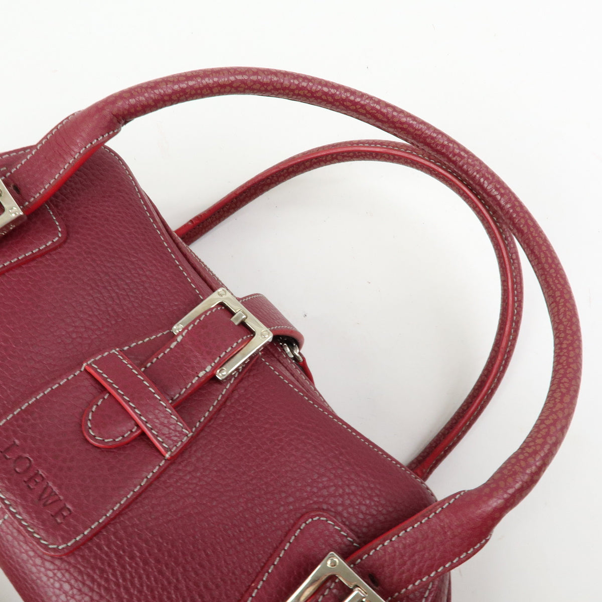 LOEWE Senda Leather Boston Bag Hand Bag Buckle Design Bordeaux
