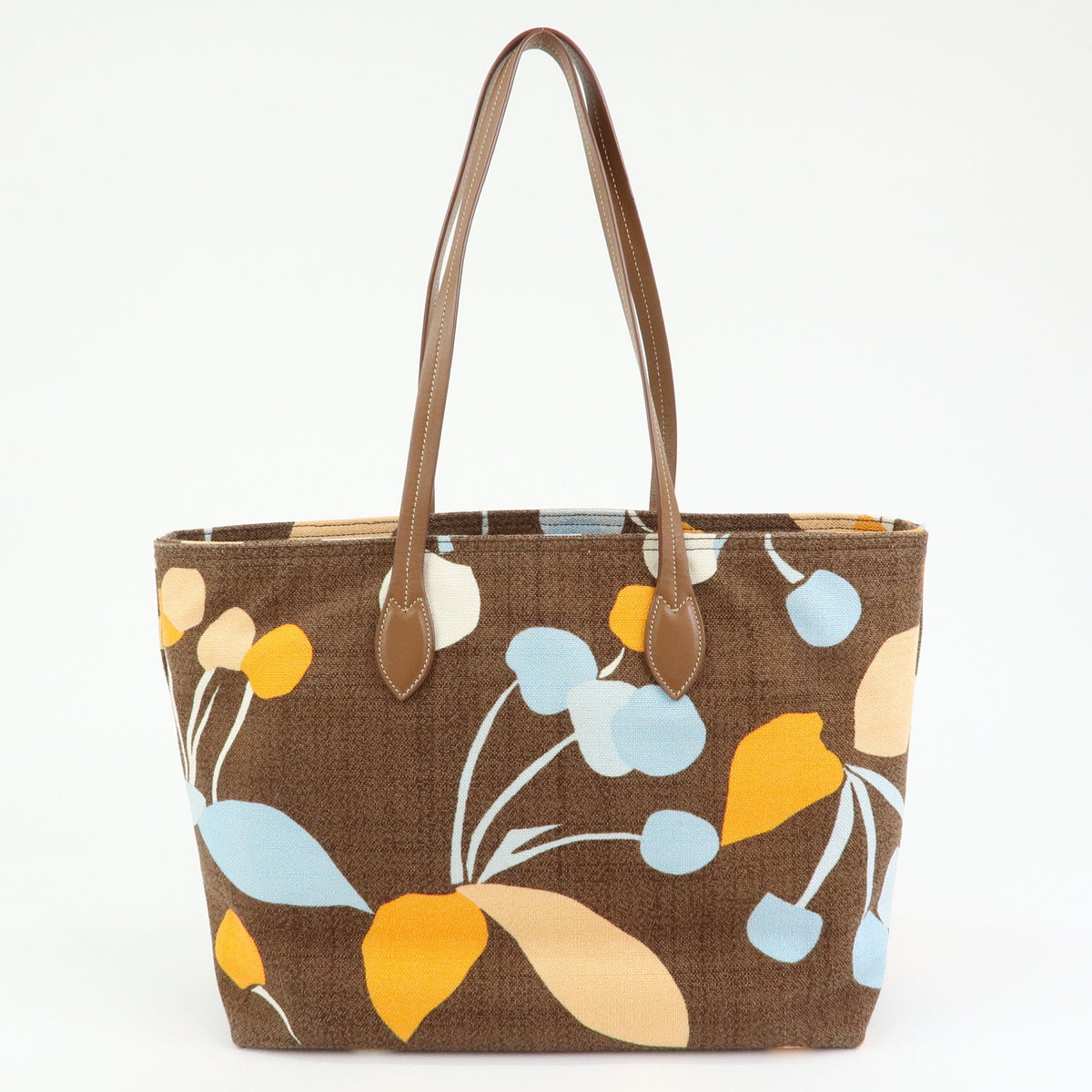 MIU MIU Logo Canvas Leather Tote Shoulder Bag Flower Brown 5BG126