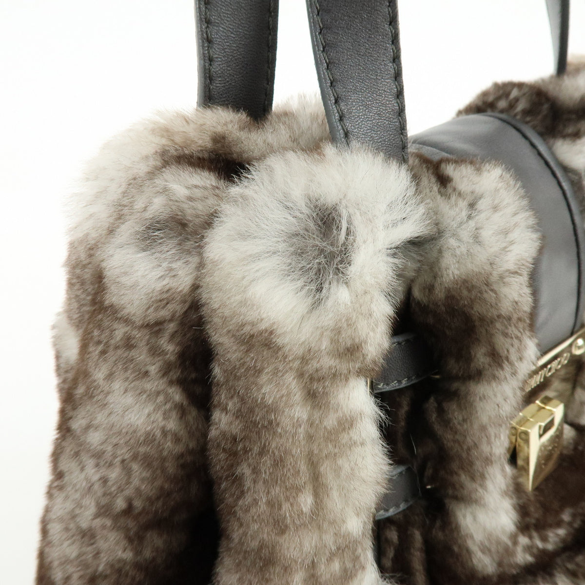 JIMMY CHOO Lapin Rabbit Fur Leather Hand Bag Tote Bag Brown Gray