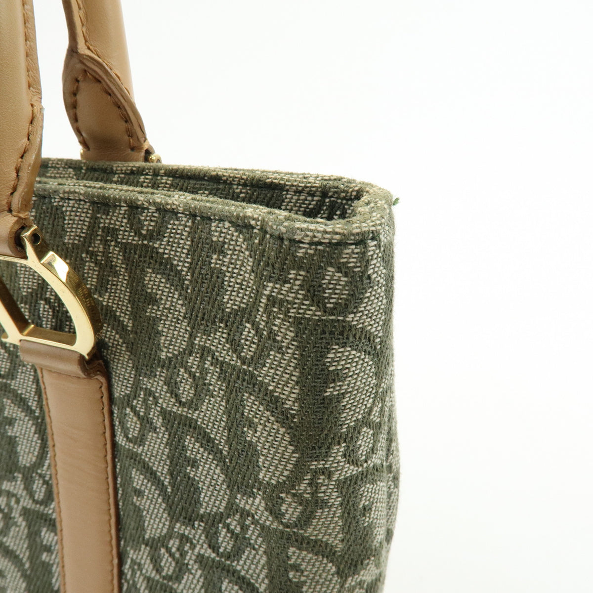 Christian Dior Trotter Jacquard Canvas Leather Hand Bag Tote Bag Green