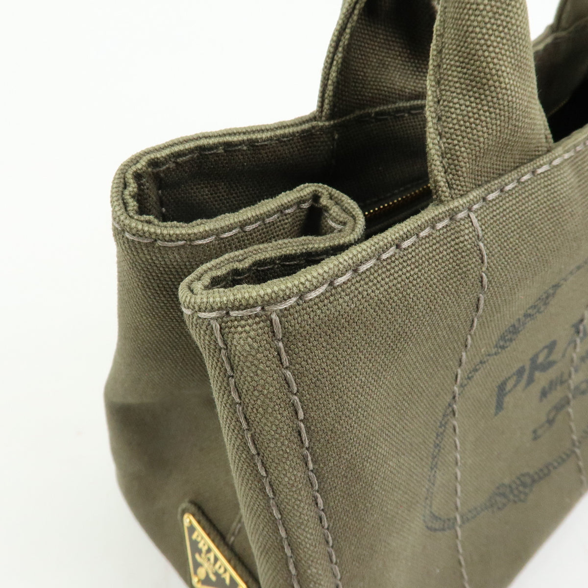 PRADA Triangle Logo Canapa Mini Canvas Tote Bag Hand Bag Khaki BN2439